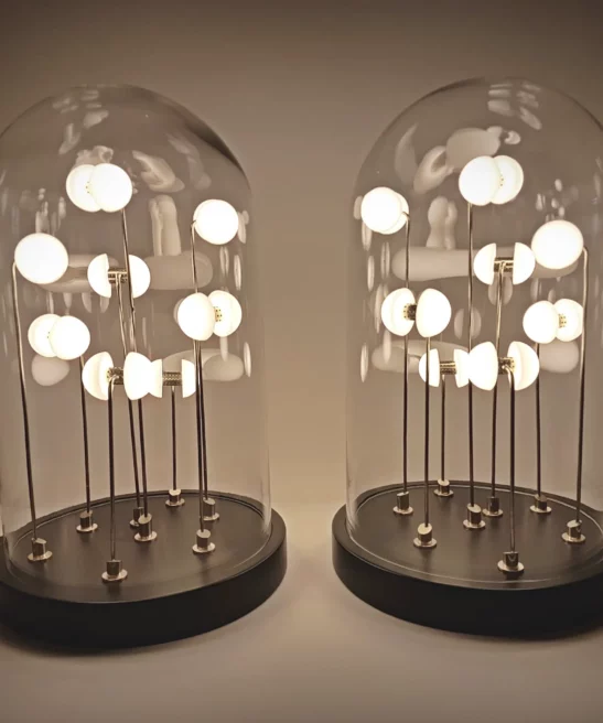 Two Germes de Lux light sculptures side by side, glowing warmly under glass domes