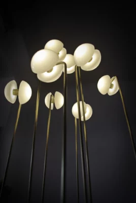 Upward view of Germes de Lux luminous sculpture, with seed-like lights on tall brass stems