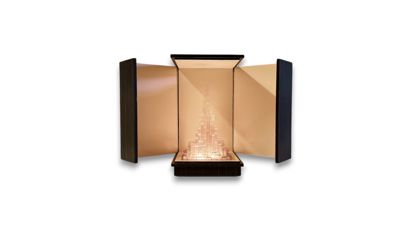 Turris Lucis light sculpture, poetic tower of light, limited edition handcrafted artwork