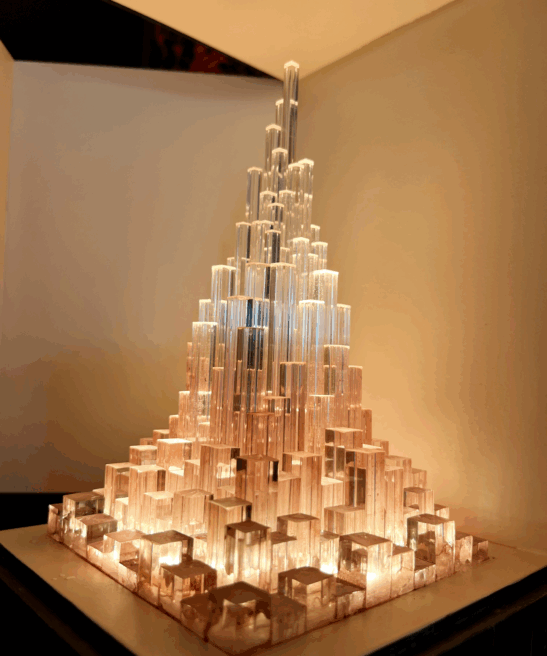 Close-up of the illuminated translucent tower of Turris Lucis