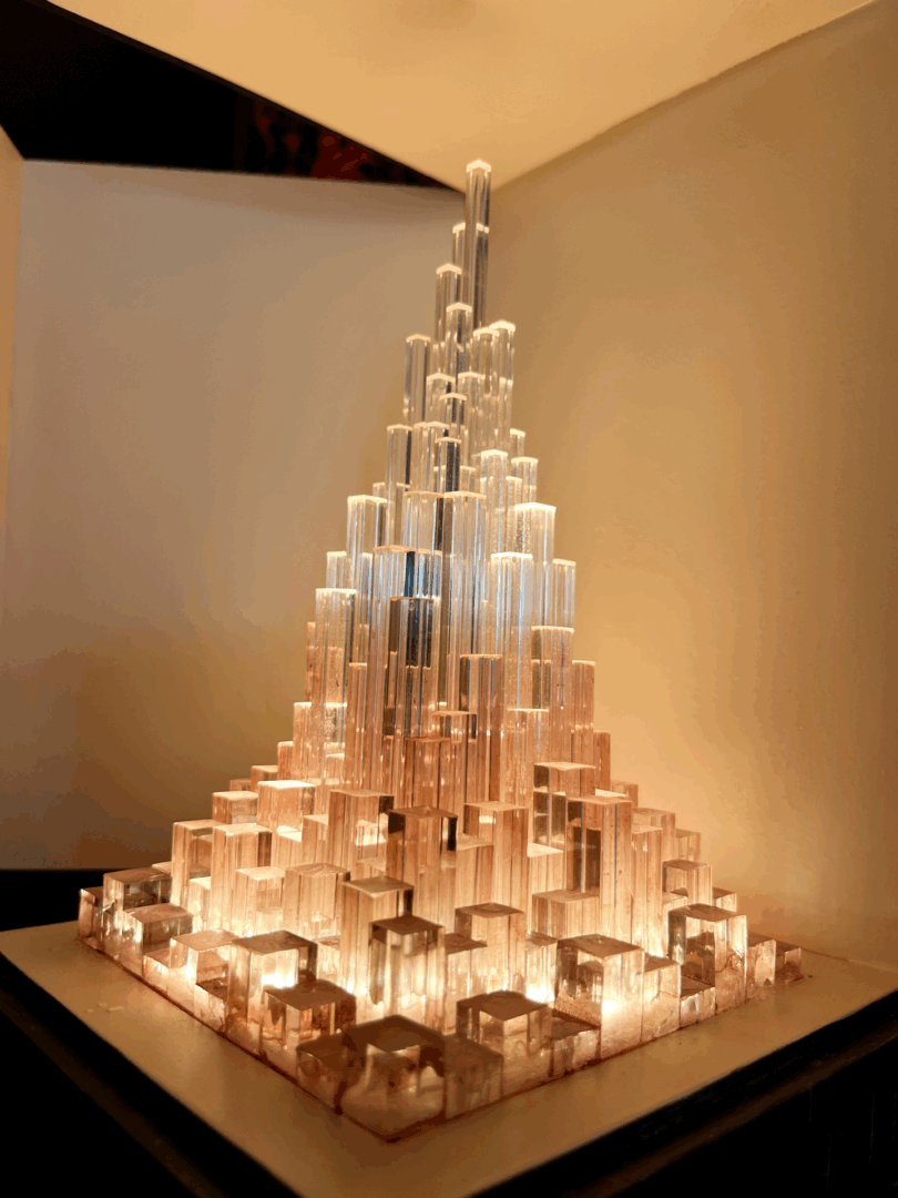 Close-up of the illuminated translucent tower of Turris Lucis