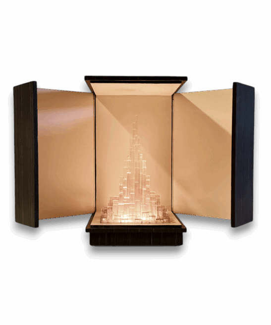 Turris Lucis light sculpture, poetic tower of light, limited edition handcrafted artwork