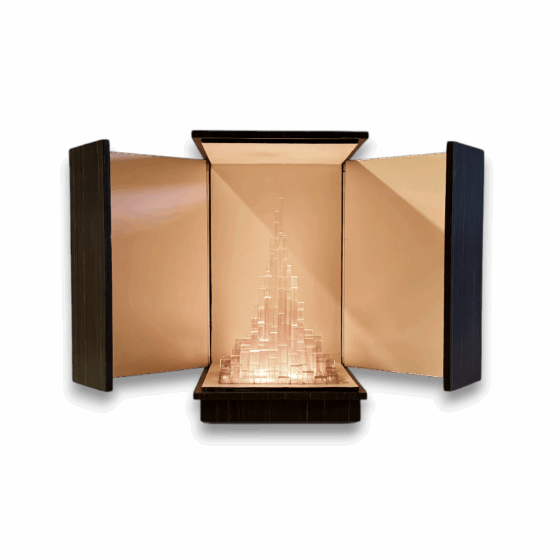 Turris Lucis light sculpture, poetic tower of light, limited edition handcrafted artwork