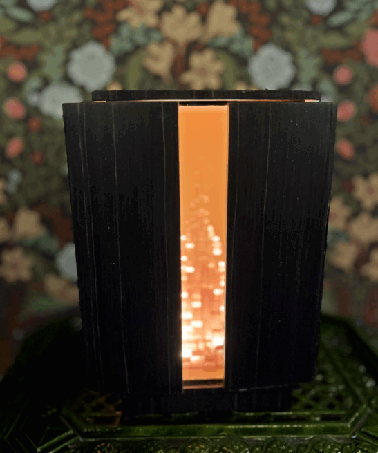 Turris Lucis light sculpture closed, light visible through vertical slit