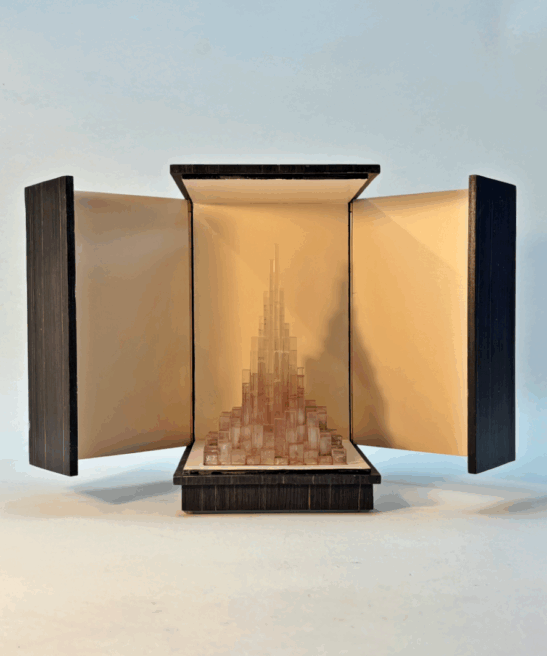 Turris Lucis light sculpture with open doors, translucent tower of light