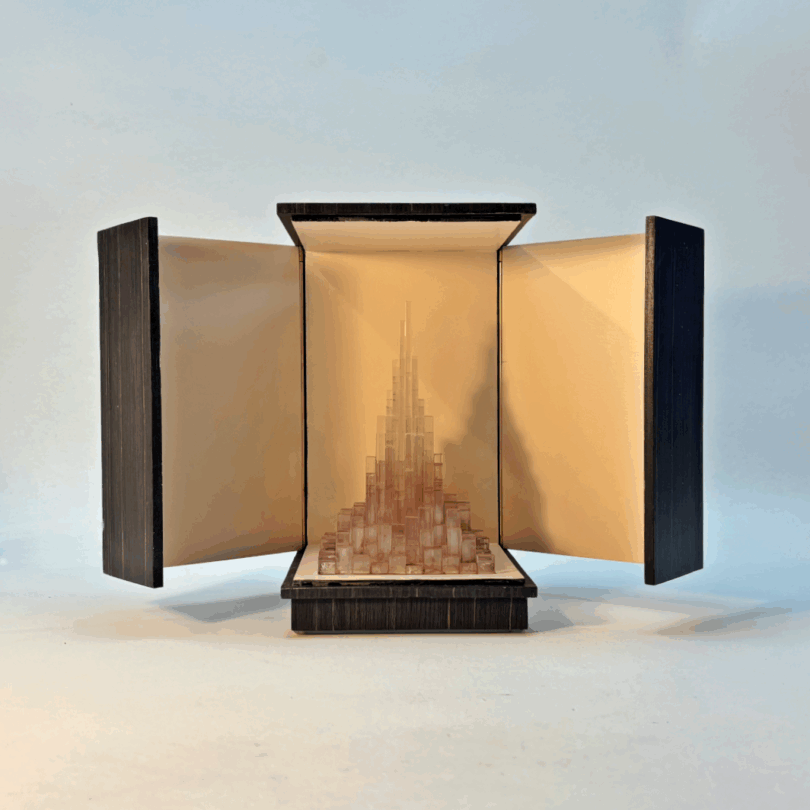 Turris Lucis light sculpture with open doors, translucent tower of light