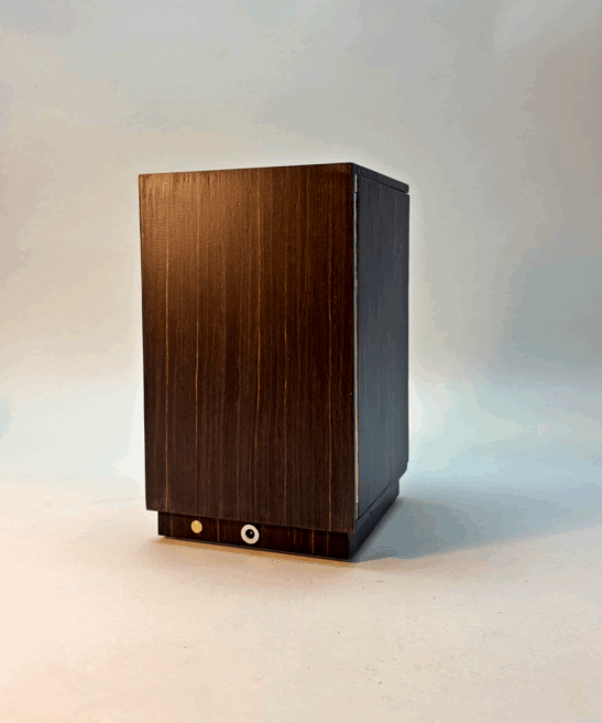 Turris Lucis light box, back view in dark wood. Ebony Macassar