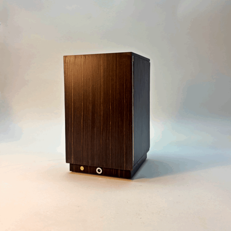 Turris Lucis light box, back view in dark wood. Ebony Macassar